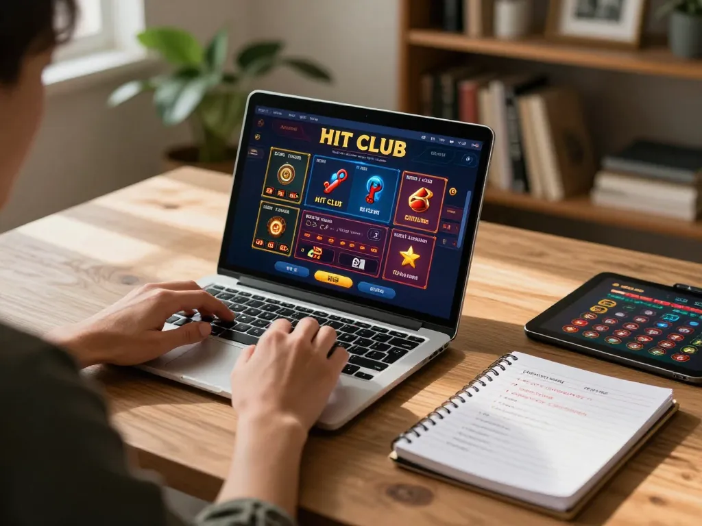 Person engaging with HIT CLUB online casino on laptop, showing various games in a cozy setup