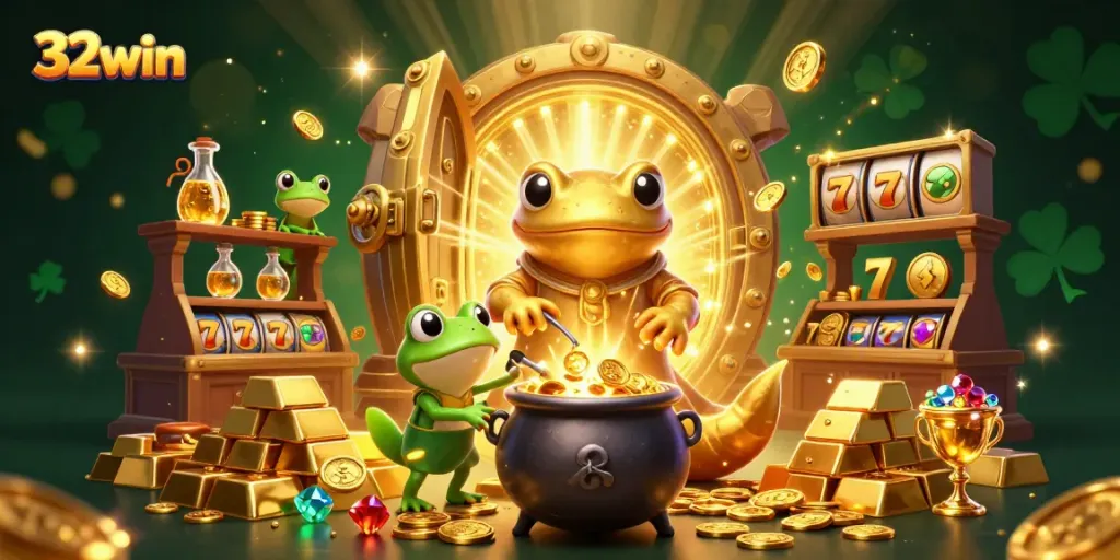 Immerse in 32win's vibrant gaming realm, featuring alchemists and treasures in a lavish casino.
