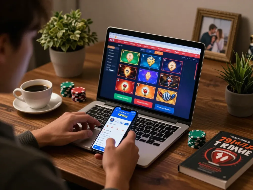 Engaging with the trang chủ 79king online platform showing live betting on a cozy home desk.