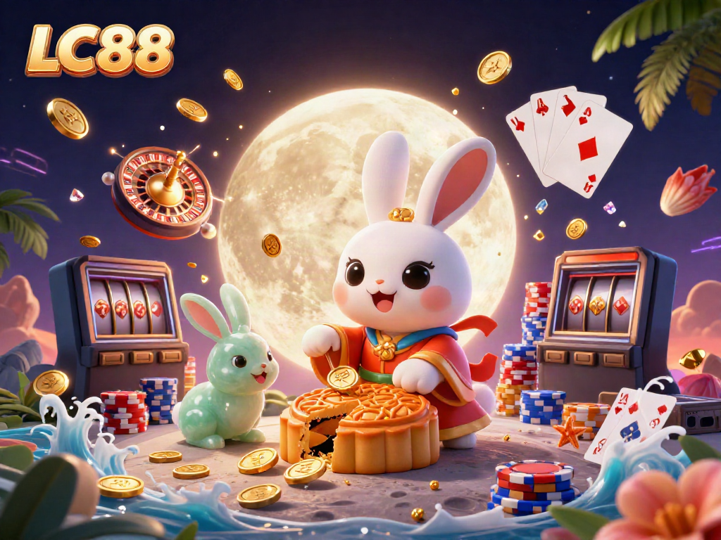 Experience the thrill of LC88 with a dynamic moon rabbit scene featuring casino elements and vibrant visuals.