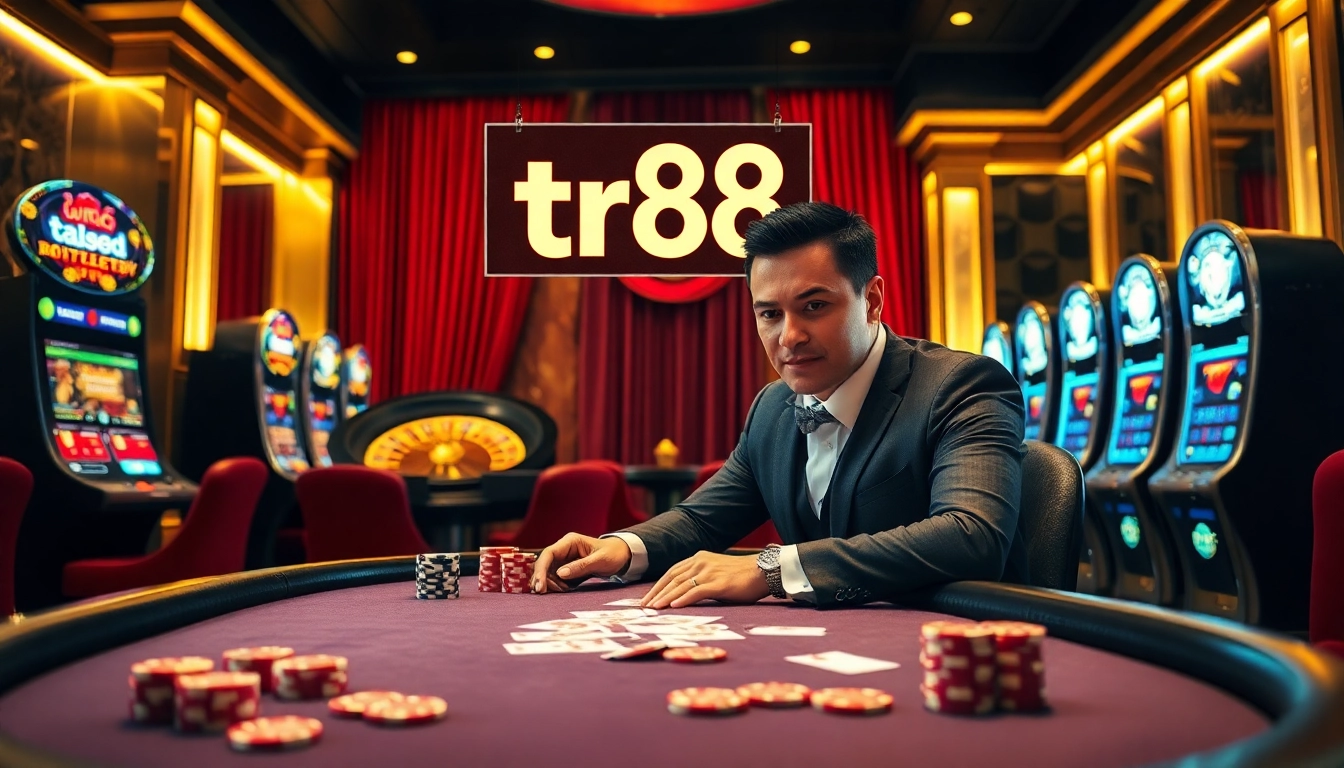 Experience luxury gambling at tr88 with poker chips and slots, highlighting excitement and professionalism.