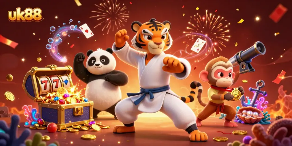Experience the excitement of uk88 with a vibrant 3D casino scene featuring adventurous characters and slot symbols.