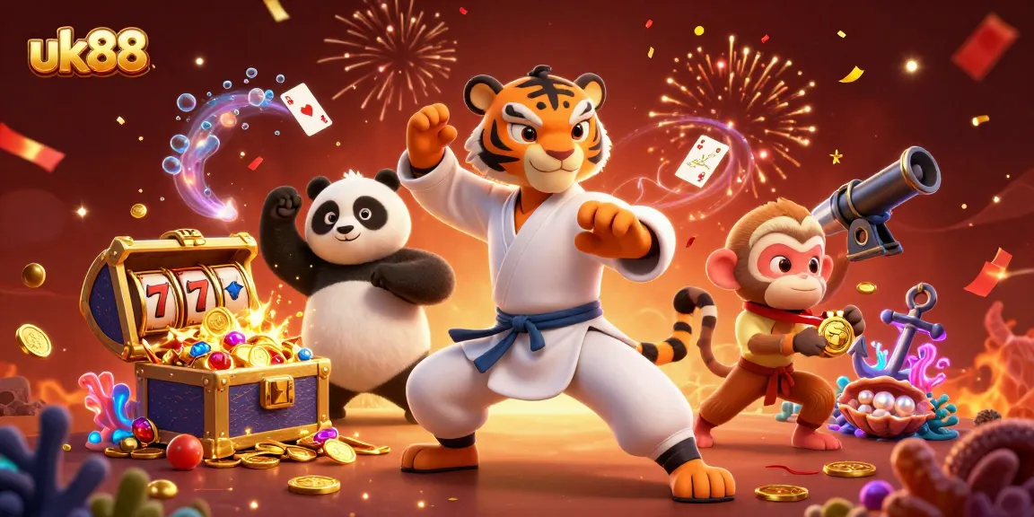 Experience the excitement of uk88 with a vibrant 3D casino scene featuring adventurous characters and slot symbols.