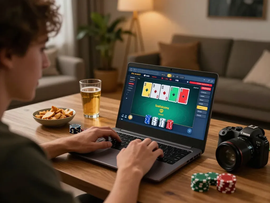 Hitclub online gaming experience with a player excitedly using a laptop and engaging in poker gameplay