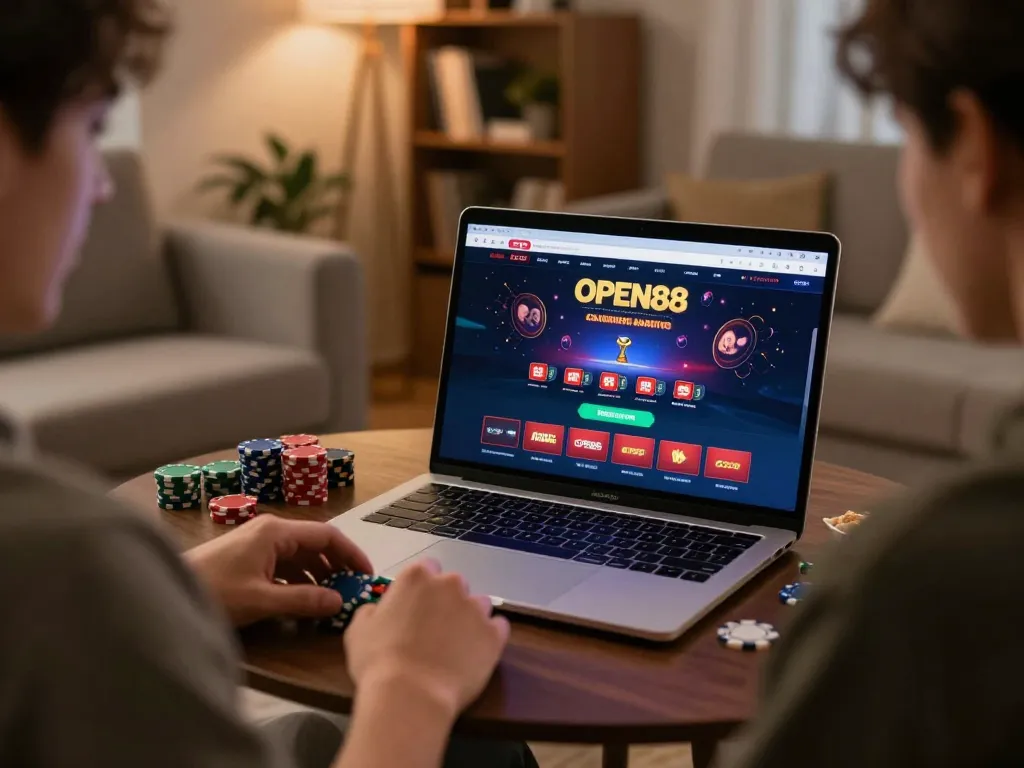Player enjoys online gaming on OPEN88 platform in a cozy home setting, engaging in strategic bets.