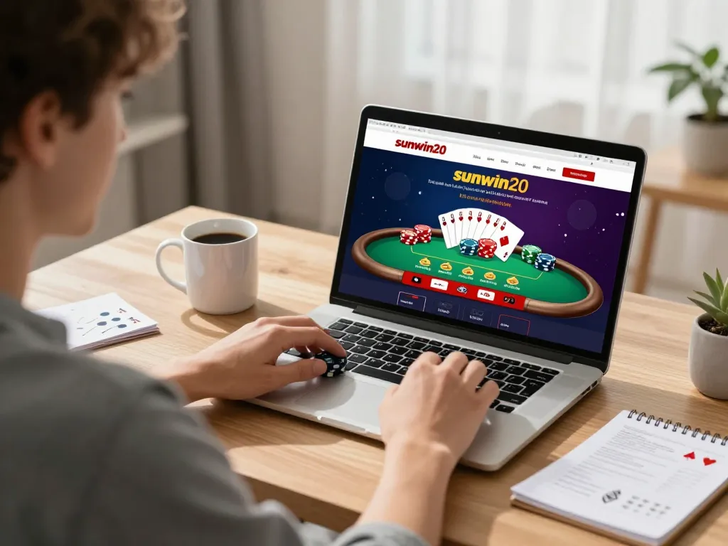 Engaging online gambling with sunwin20 interface on a laptop showcasing poker gameplay in a cozy home setting.