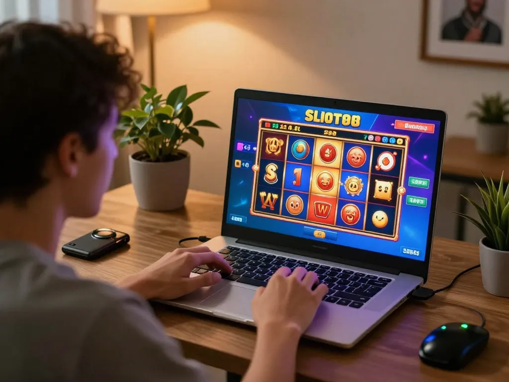 Engaging in slot88 gameplay on a laptop, exciting slot game action visible, warm home office atmosphere.