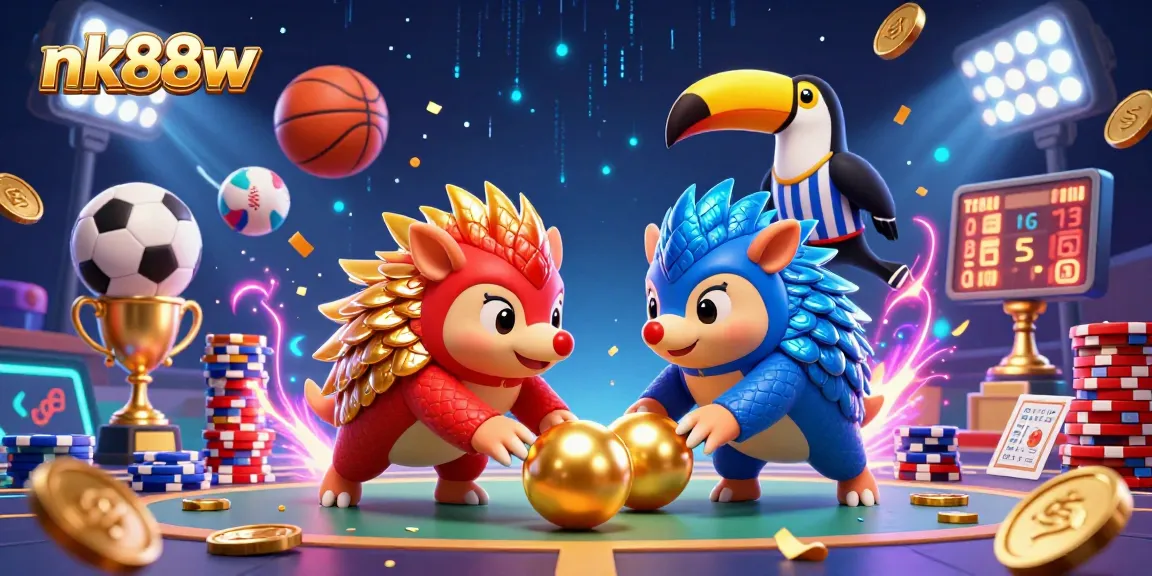 Experience the thrill of nk88w as animated pangolins roll into poker chips and sports balls in this vibrant casino scene.