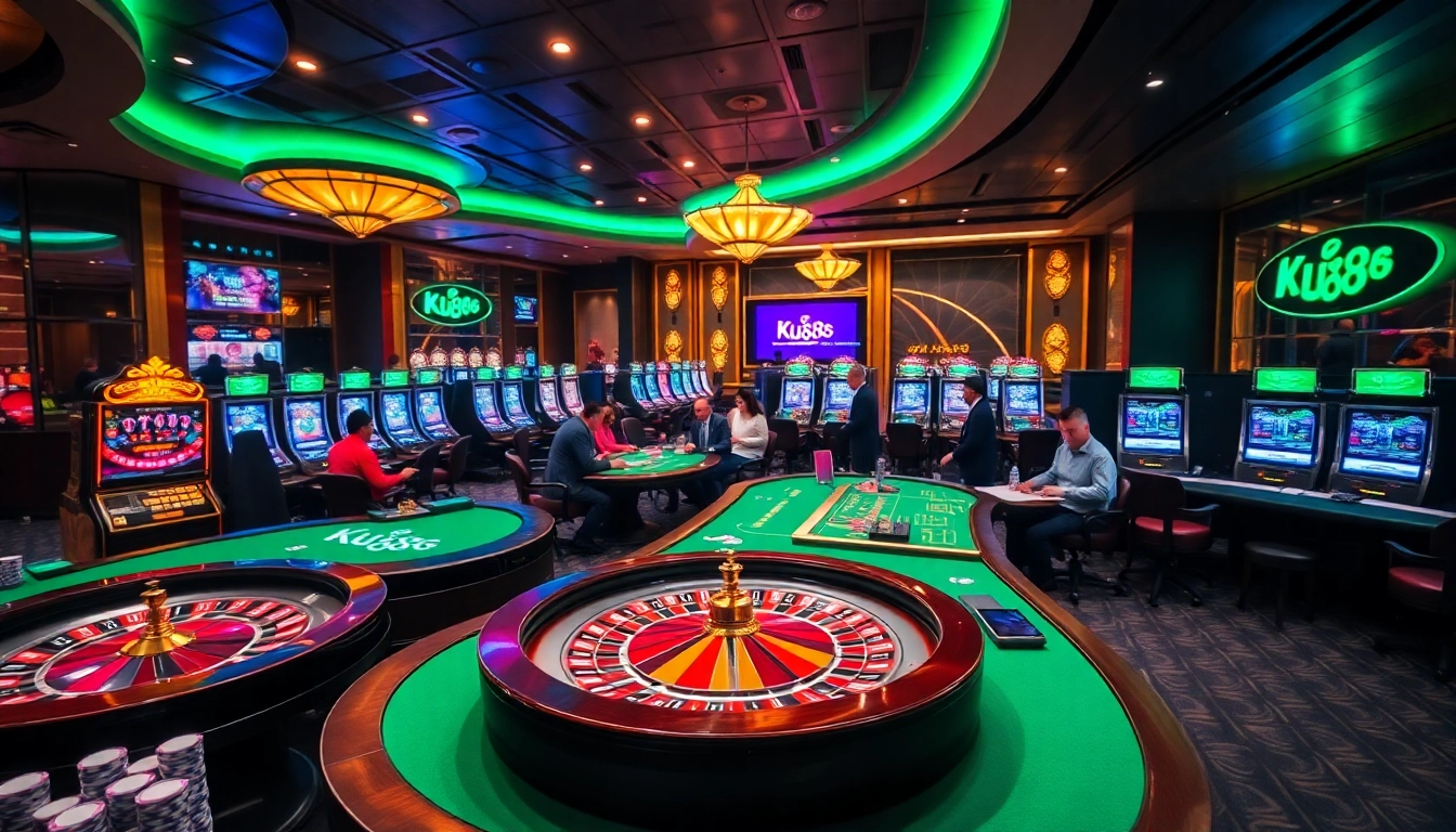Players enjoying an exciting game at Ku88 Casino, showcasing poker, roulette, and vibrant slot machines.
