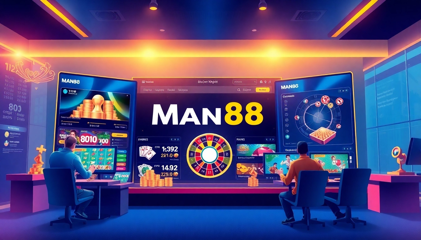 Man88 online gambling platform interface showcasing vivid casino games and sports betting options.