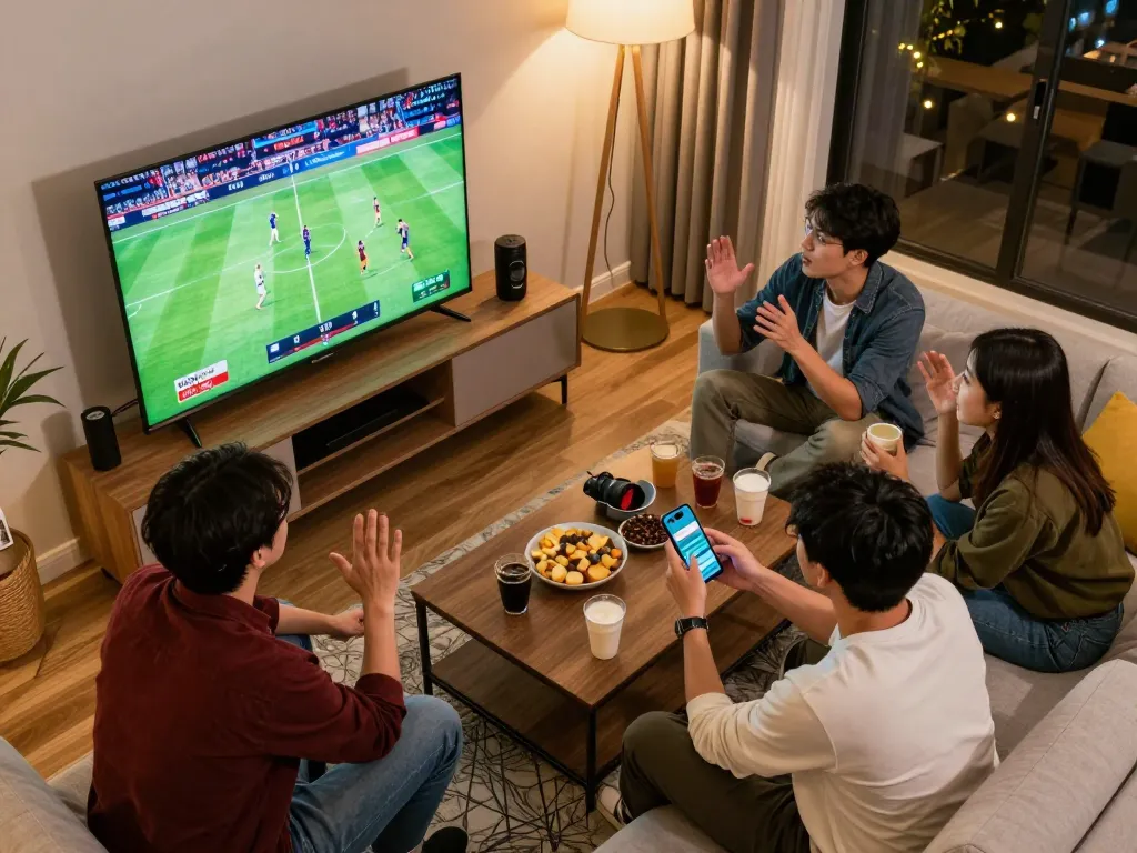 Friends actively placing bets on the go8 app while watching sports in a cozy home setting.