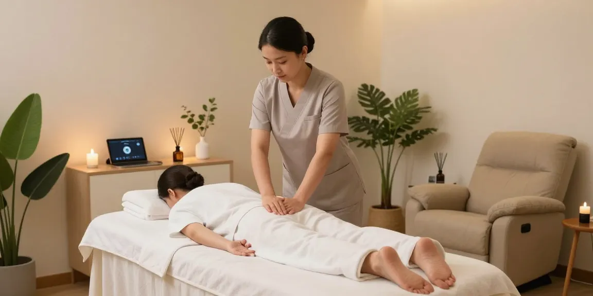 Relaxing 창동출장안마 therapy room with massage therapist preparing for treatment, soothing ambiance and calming decor.