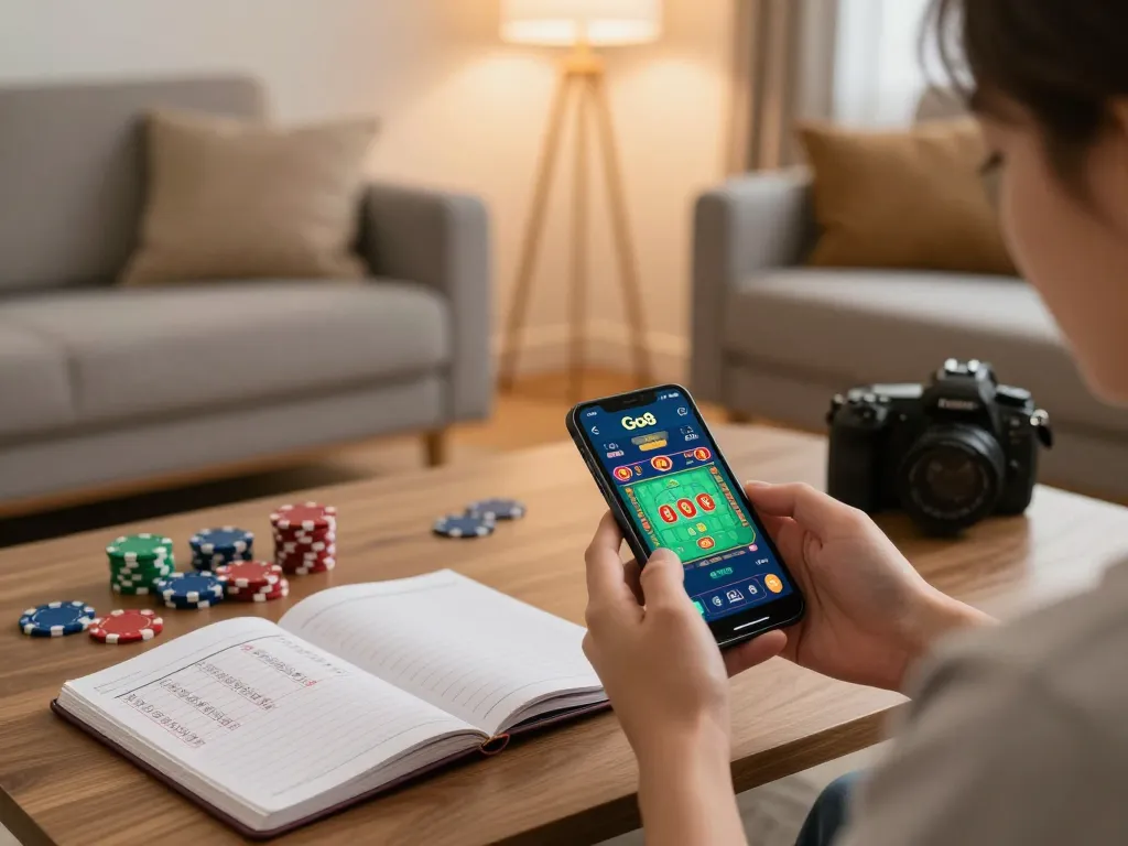 Engaging in the Go8 mobile app for online gambling with a stylish setup and strategic betting notes.