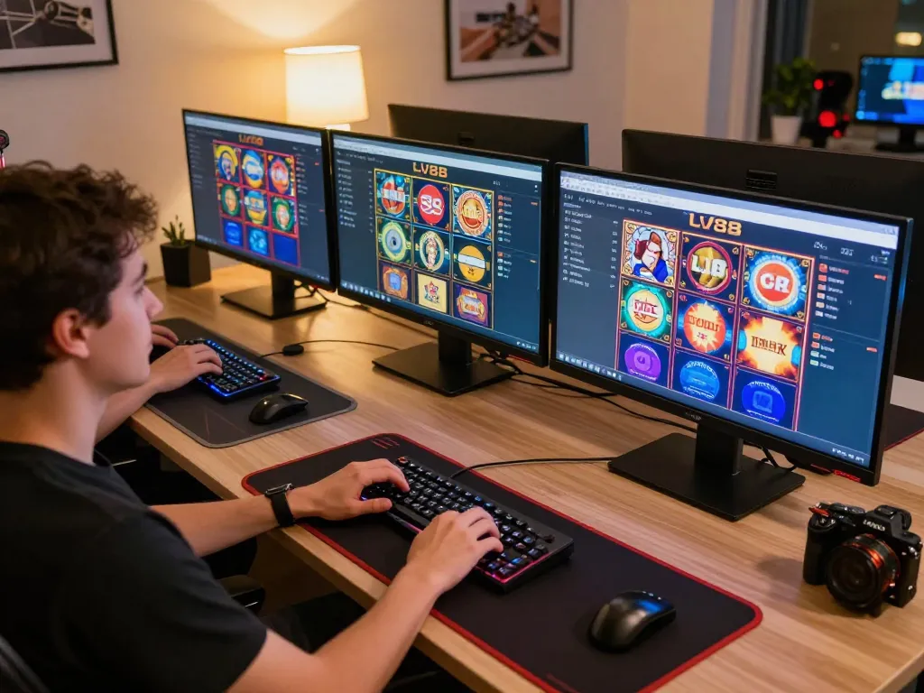 Engaged player interacting with LV88 gaming platform on multiple screens, highlighting online casino gaming.