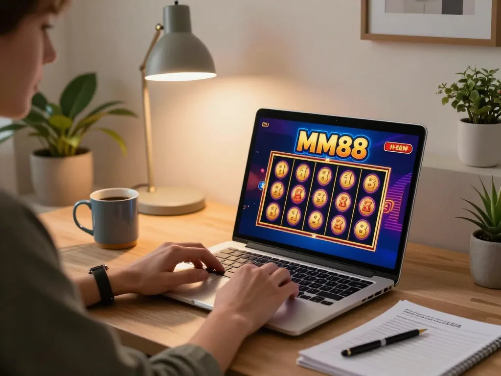 Engaging gameplay with MM88 slots on a laptop, showcasing vibrant graphics and cozy ambiance