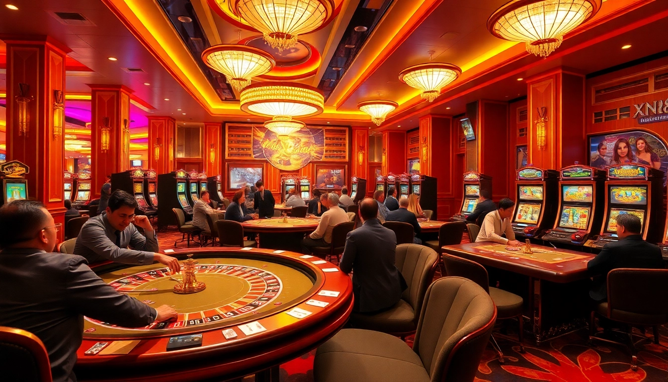 Exciting players enjoy a high-stakes game at XN88 casino with vibrant tables and dynamic slot machines.