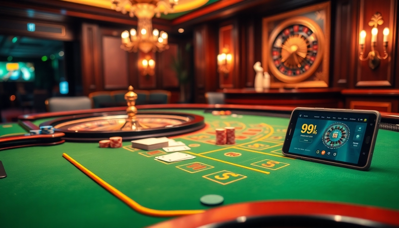 Experience the thrill of baccarat at 99ok with luxurious tables and vibrant gaming elements.