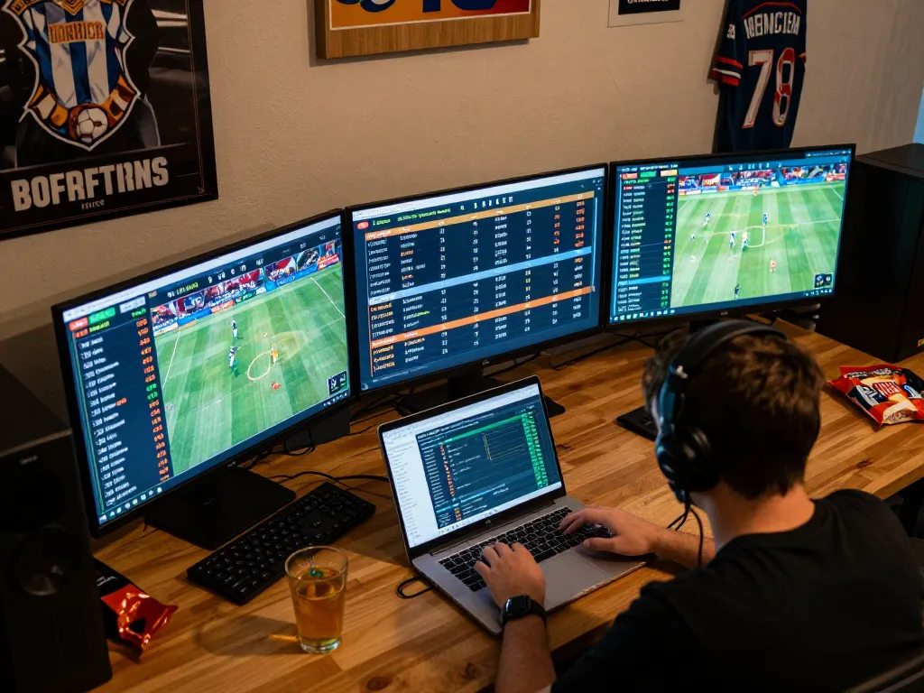 river4 betting expert analyzing odds and placing bets on multiple screens in cozy home office