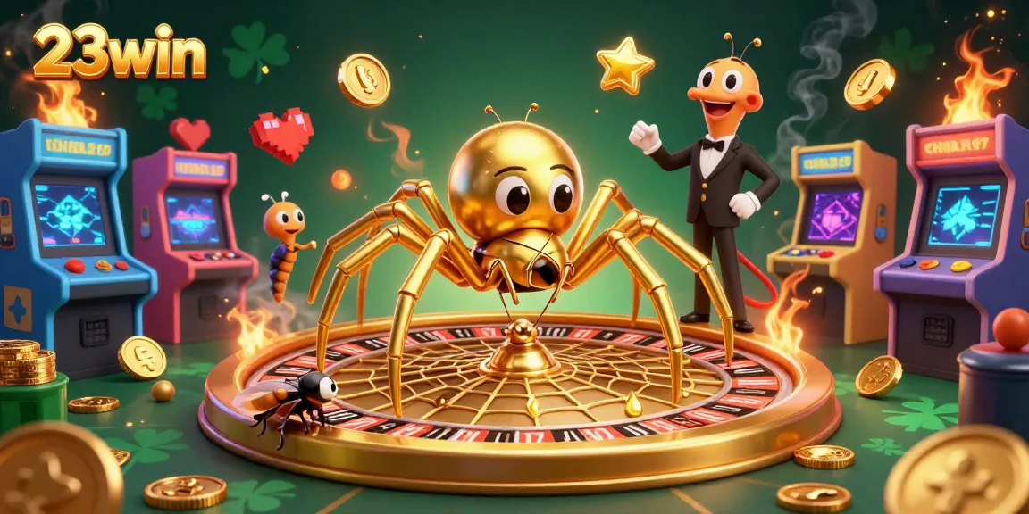Engage with the thrilling atmosphere of 23win, as the golden spider spins a roulette wheel web filled with excitement.