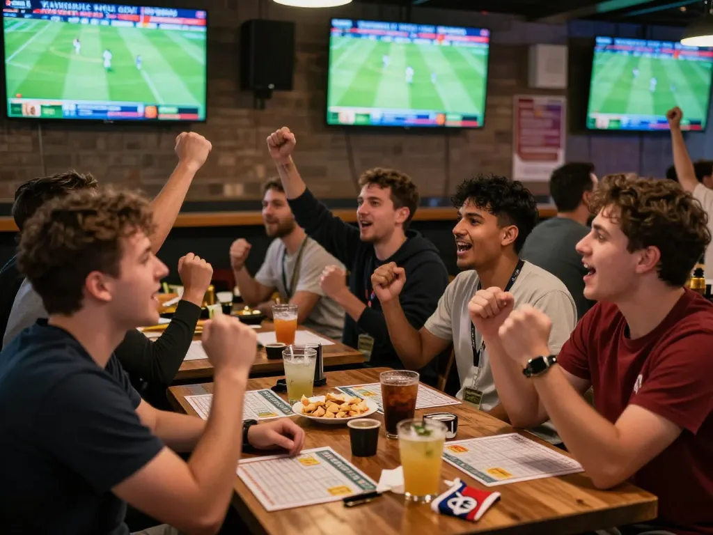 Fans engaging with tỷ lệ kèo bóng đá in a lively sports bar during a football match.