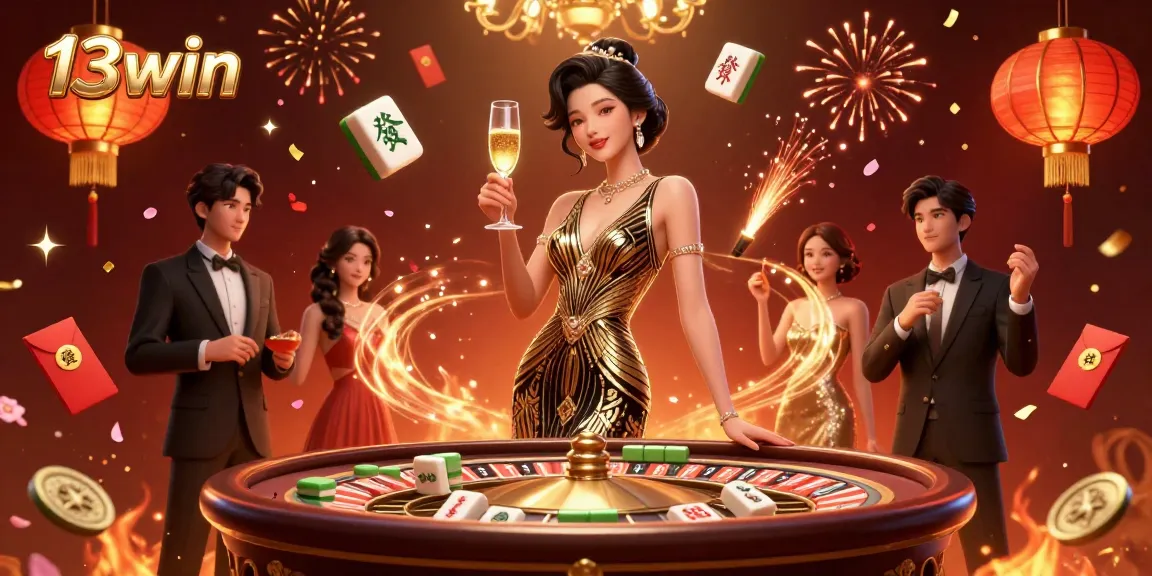 Experience the thrill of winning with 13win in this luxurious casino scene featuring an elegant Asian woman.