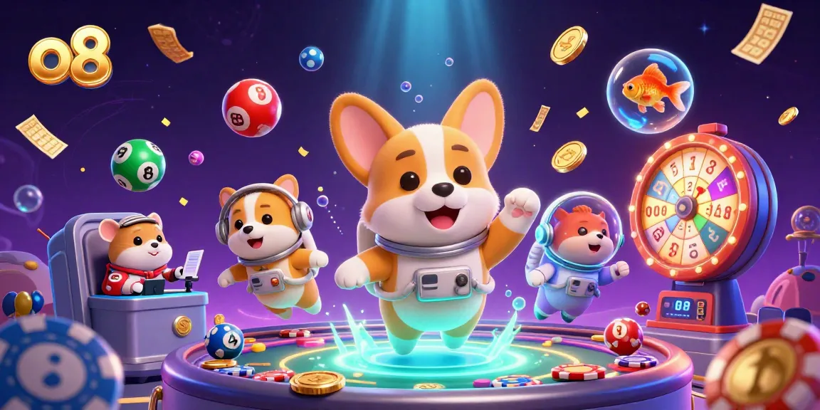 Experience the thrill of o8 with a dynamic space casino scene featuring floating characters and vibrant game elements.