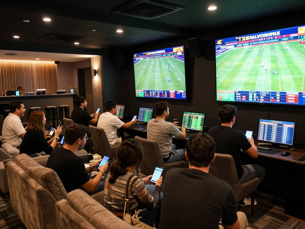 Excited fans cheering during live sports betting on 123Win co platform, showcasing mobile device usage and vibrant atmosphere.