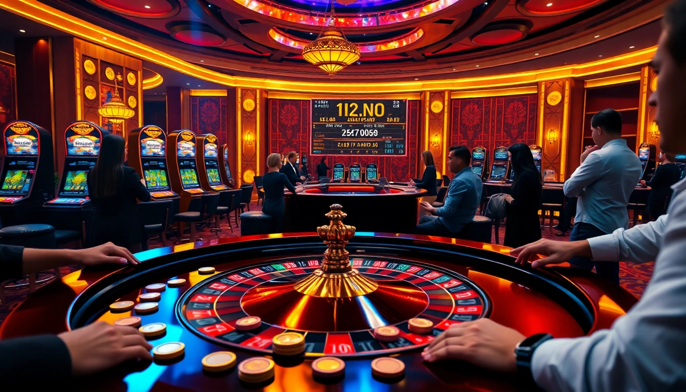 Engaged players analyzing tỷ lệ kèo nhà cái at a vibrant casino table, with golden chips and bright lighting.