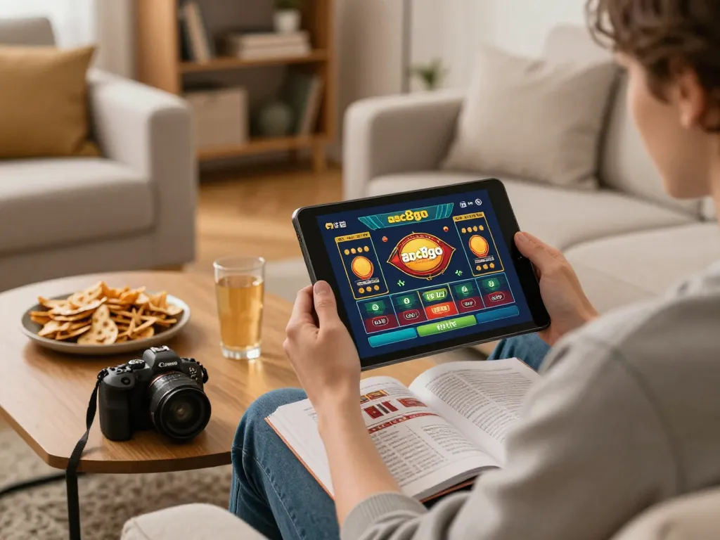Experience online gaming with the abc8go app in a cozy home setting, highlighting strategic gambling.