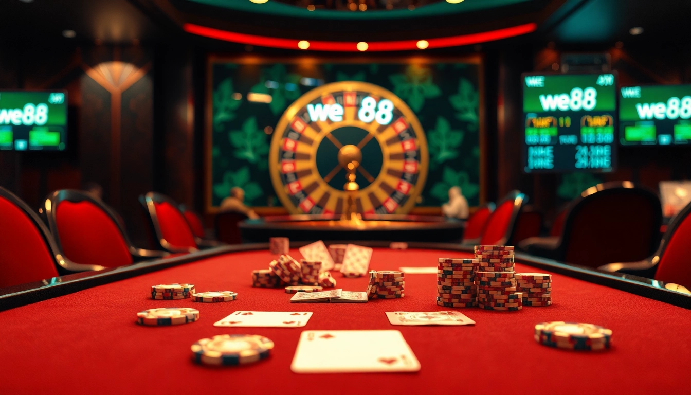 Experience the excitement of We88 with a vibrant poker table set for high-stakes play.