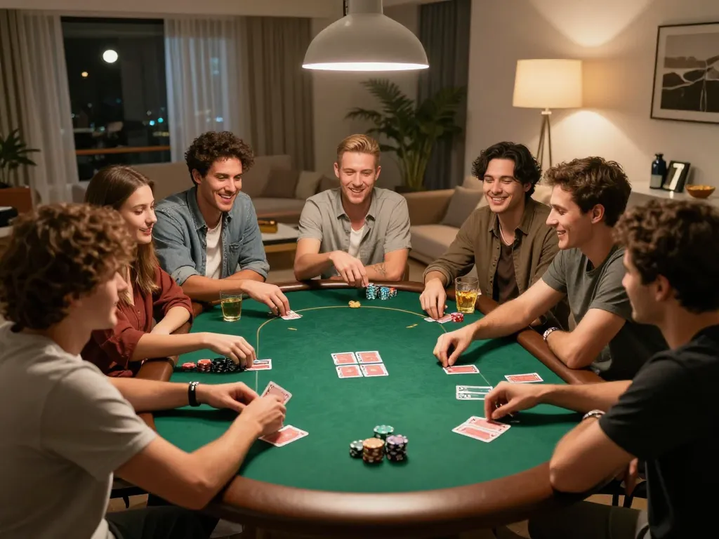 Top nhà cái uy tín showcased during an exciting group poker night, highlighting camaraderie and strategic gameplay.