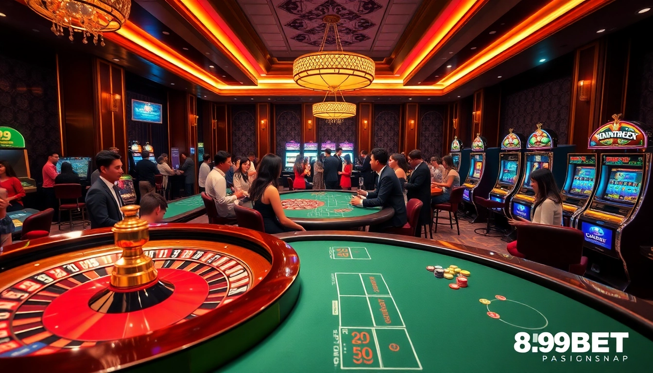 Exciting casino scene featuring games and players at 89BET, showcasing poker, roulette, and slot machines.
