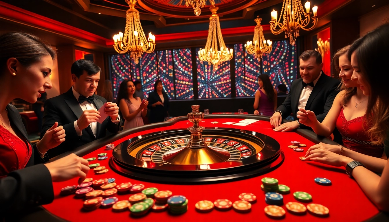 Players enjoying F168 casino games at a vibrant roulette table with colorful chips and cards.
