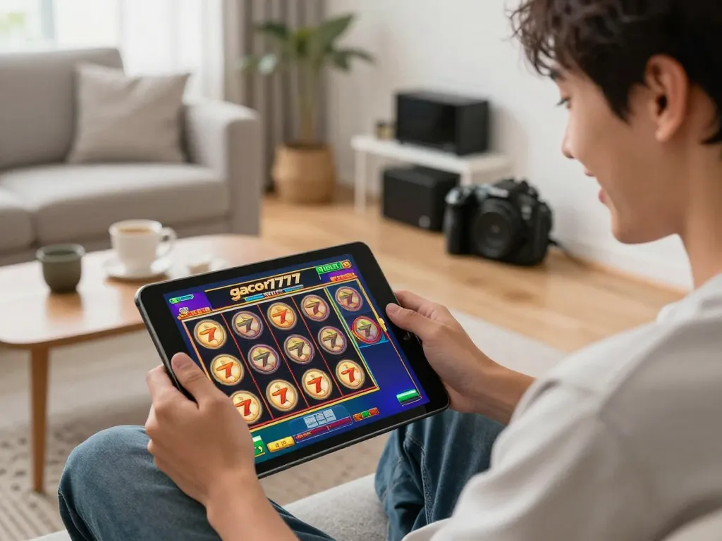 Player enjoying slot gacor 777 on tablet, vibrant gameplay in cozy setting.