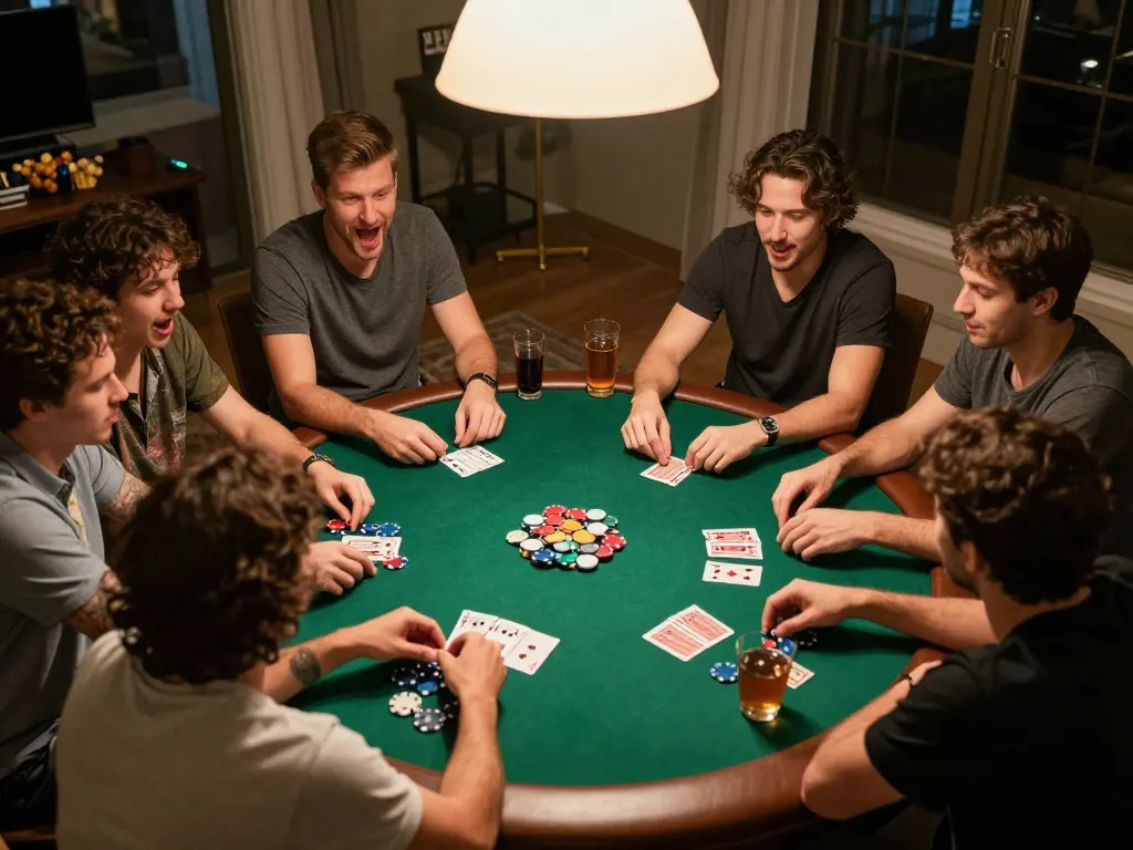 Friends enjoying a poker night at home playing 888NEW game with chips and cards visible