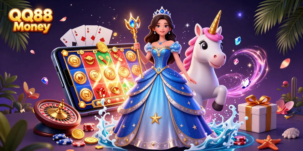 Win with QQ88 Money in this vibrant illustration of a casino scene featuring slots and magical elements.