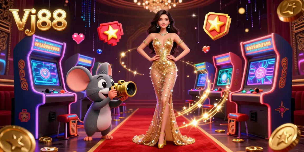 Join thrilling Vj88 gaming experiences with vibrant visuals of casino elements and arcade excitement.