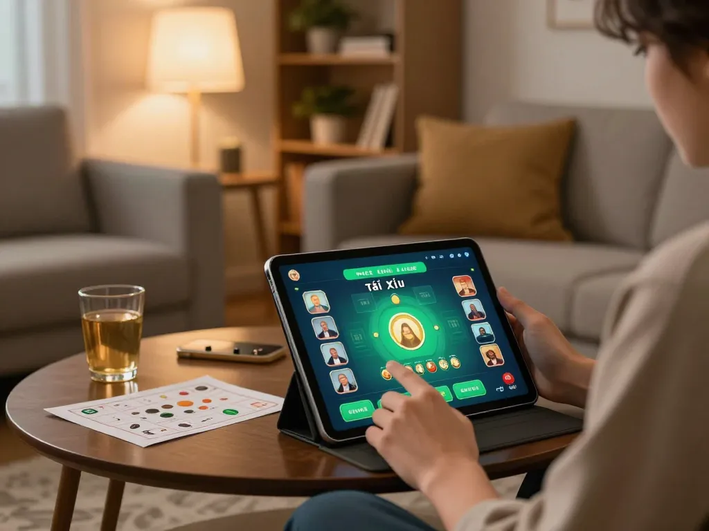 Engaging in tài xỉu online gaming at home with tablet, showcasing a strategic approach to betting.