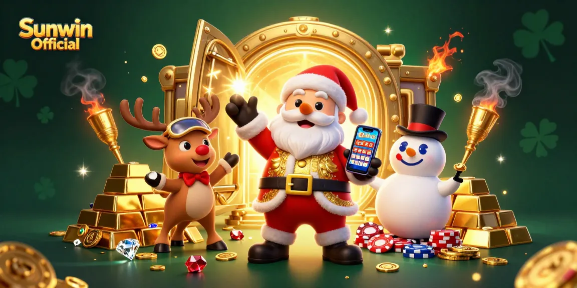 Experience the excitement at Sunwin Official with a vibrant casino-themed illustration featuring Santa and friends.