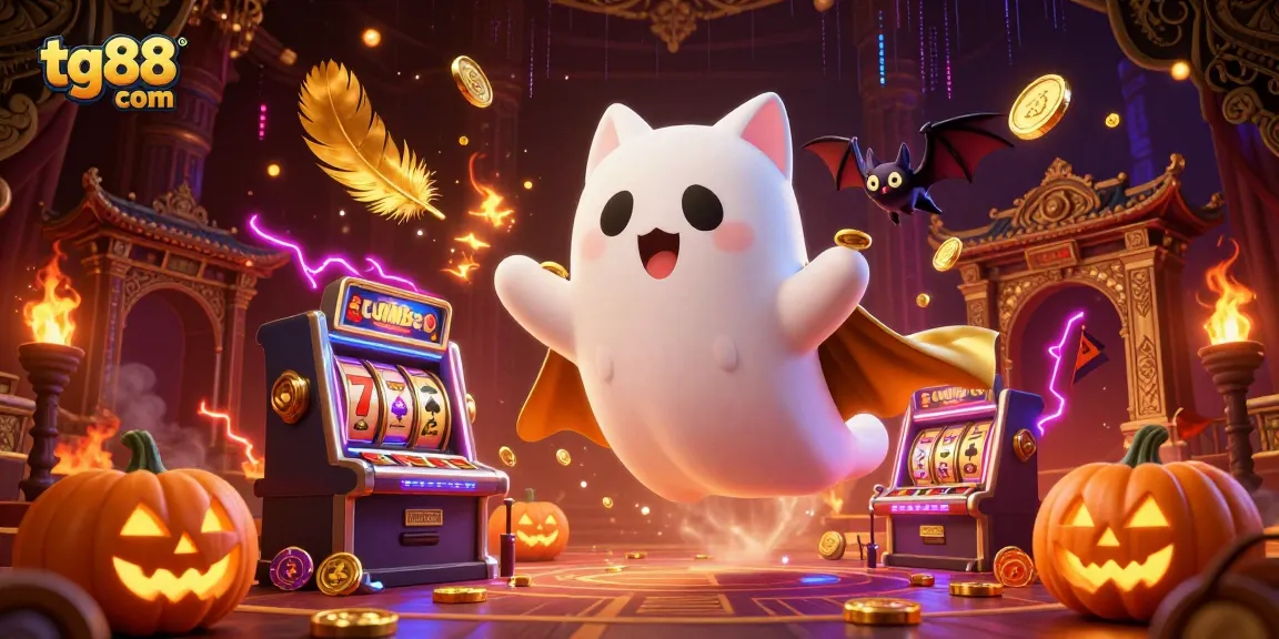 Enter the thrilling world of tg88 com, where a ghost cat and its bat companion engage in exciting casino action.