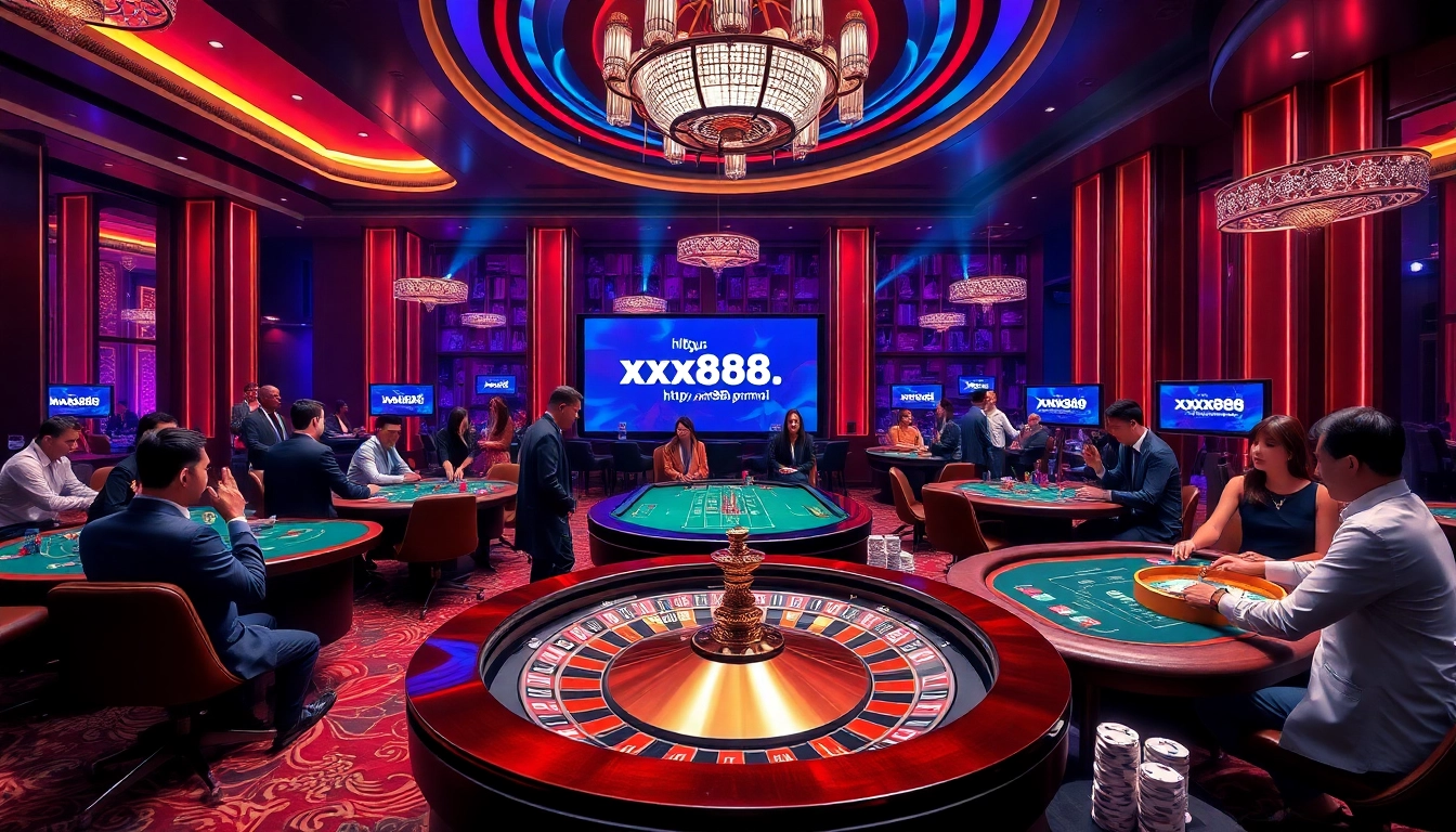 Exciting casino action with players at tables, highlighting https://xx88.promo/ in a luxurious environment.