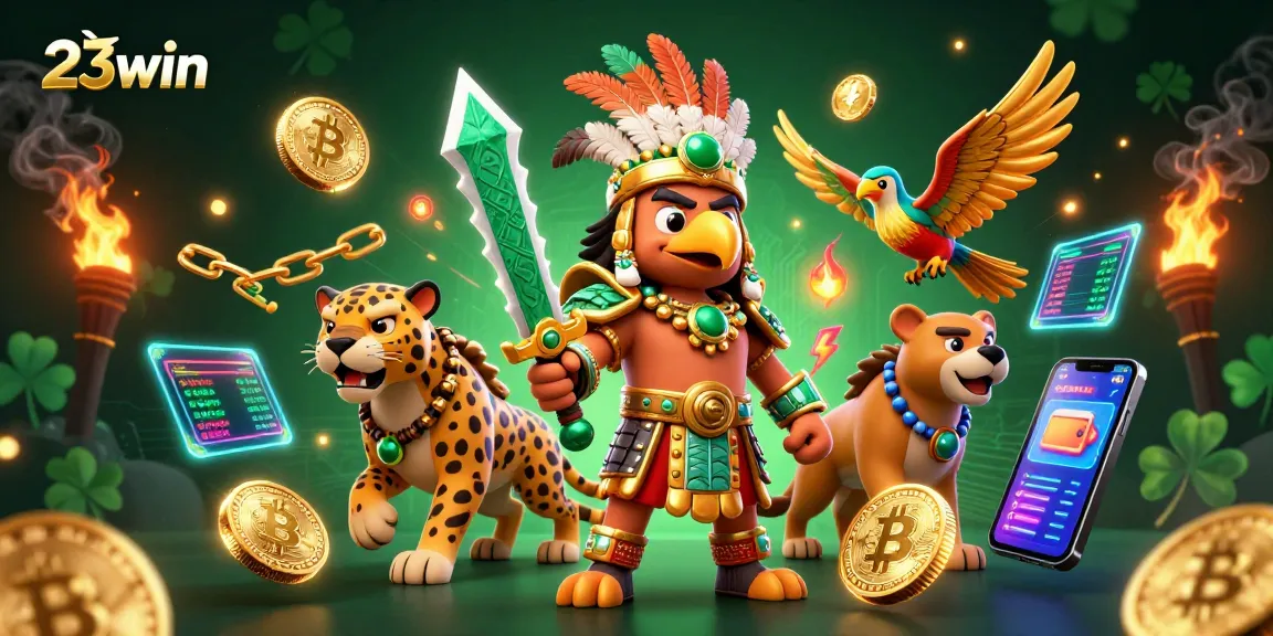 Experience gaming excitement with 23win in a vibrant 3D illustration showcasing cryptocurrency elements and energy.
