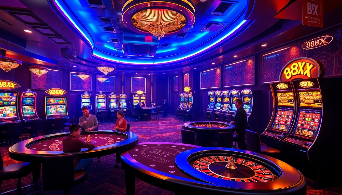 Experience the thrill of 88XX with vibrant casino tables, players in action, and exciting slot machines.