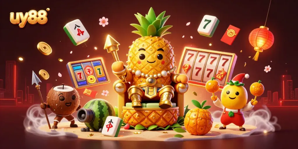 Engage with uy88's vibrant casino scene featuring a golden pineapple king and dynamic gaming elements.