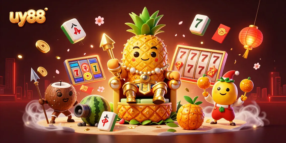 Engage with uy88's vibrant casino scene featuring a golden pineapple king and dynamic gaming elements.