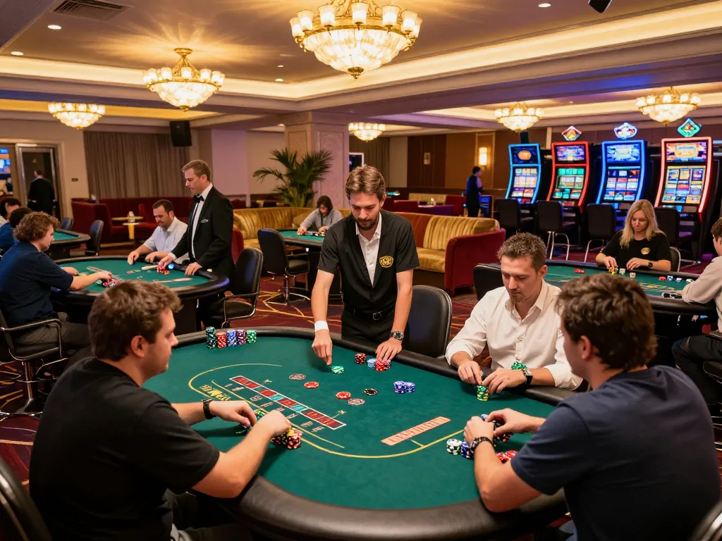 Gaming excitement at the tập đoàn ATQ with players placing bets at luxury poker tables.