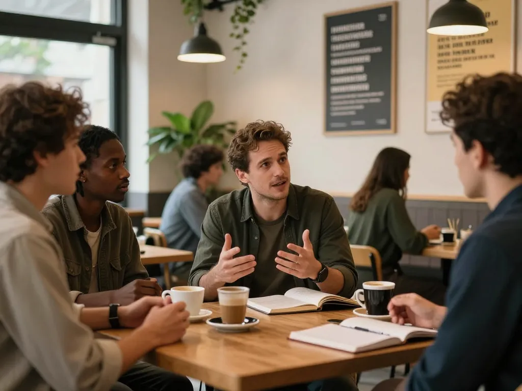 Men engaging in supportive conversation at a café, highlighting the essence of manclub community.