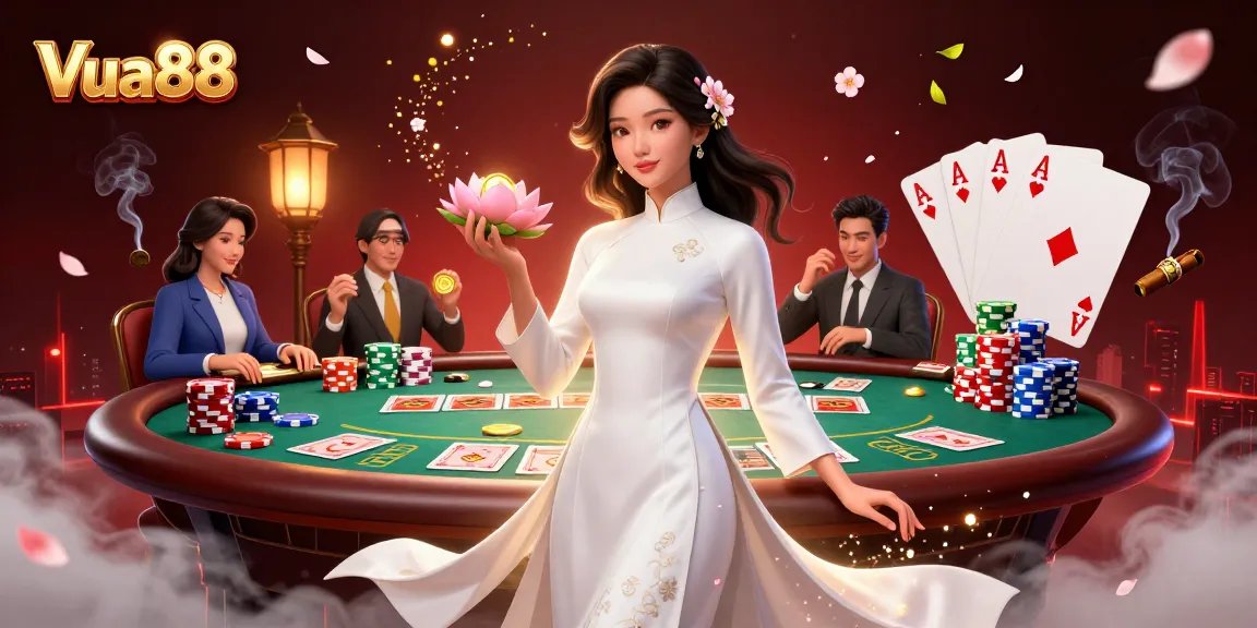 Experience Vua88 excitement with a photorealistic elegant woman showcasing engaging casino elements.