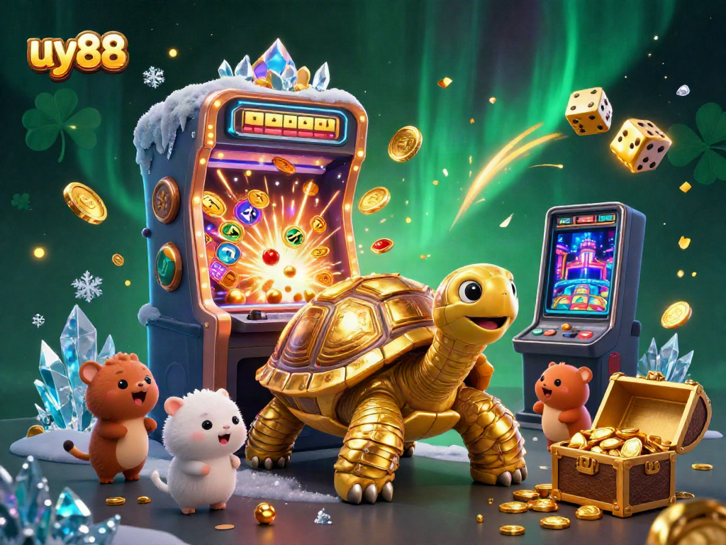Experience the excitement of uy88 with a gold tortoise and slot machine bursting with rewards.