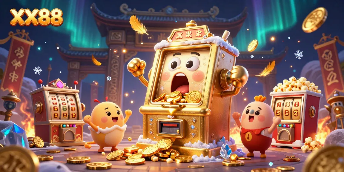 Win big at XX88 with a lively scene of cartoon slot machines celebrating a jackpot amidst golden coins.